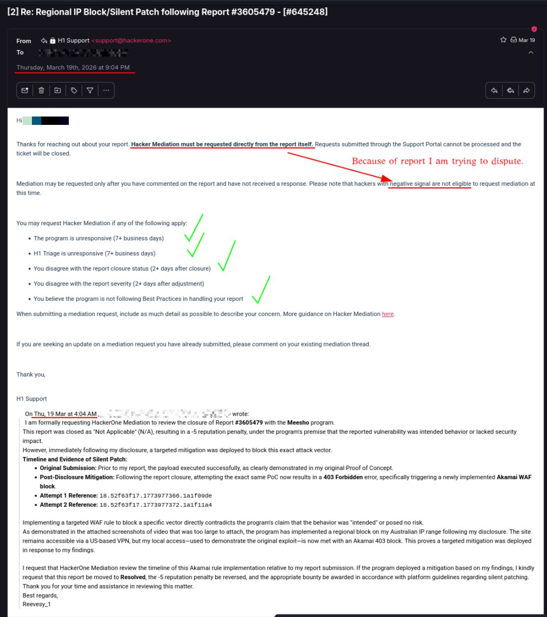 Researcher attempts to dispute Meesho N/A ruling and reputation penalty — all HackerOne mediation paths closed