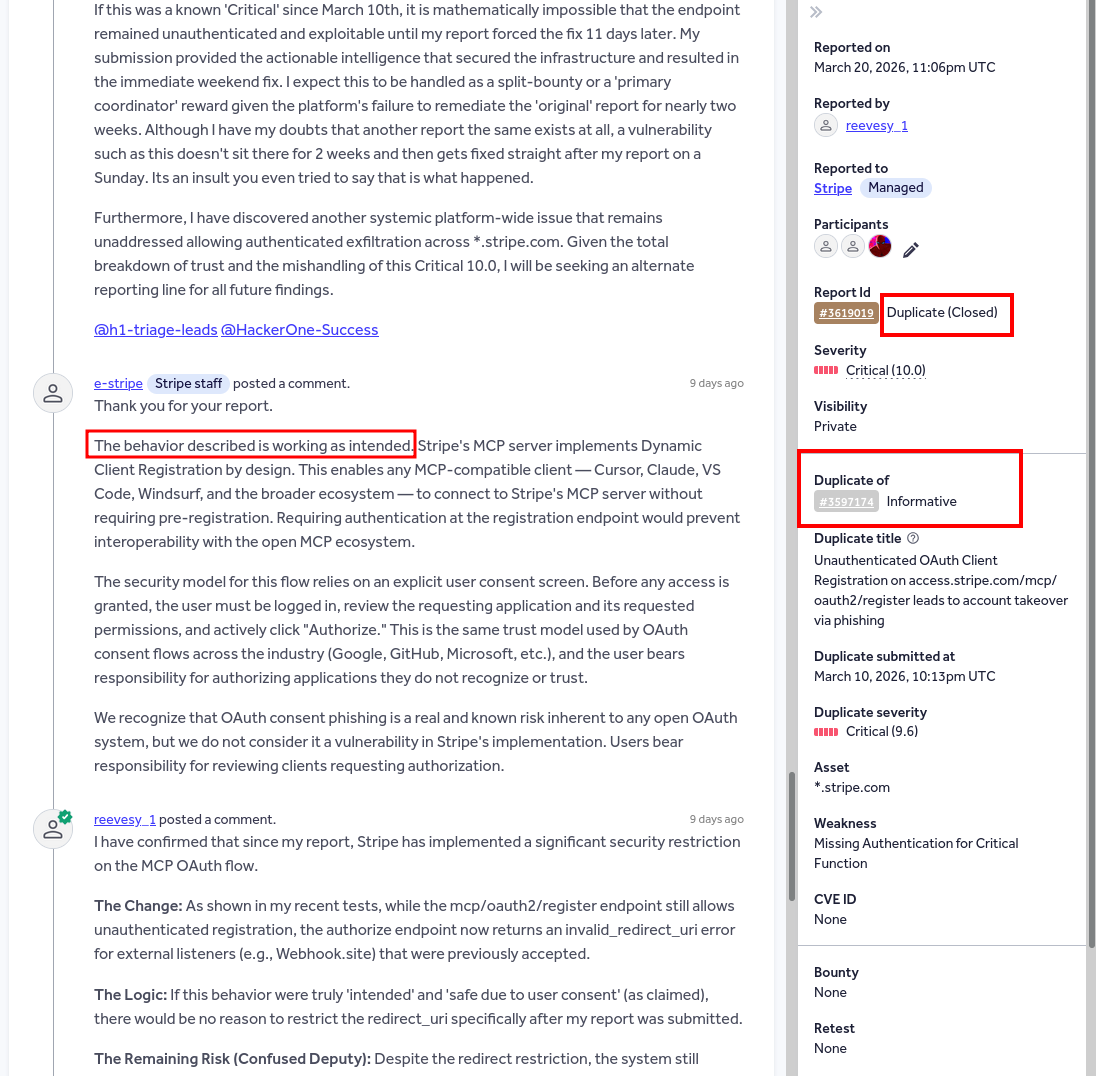 HackerOne report #3619019 showing Duplicate Closed, duplicate of #3597174 Informative, Critical 10.0, Bounty None, with @e-stripe comment and researcher rebuttal