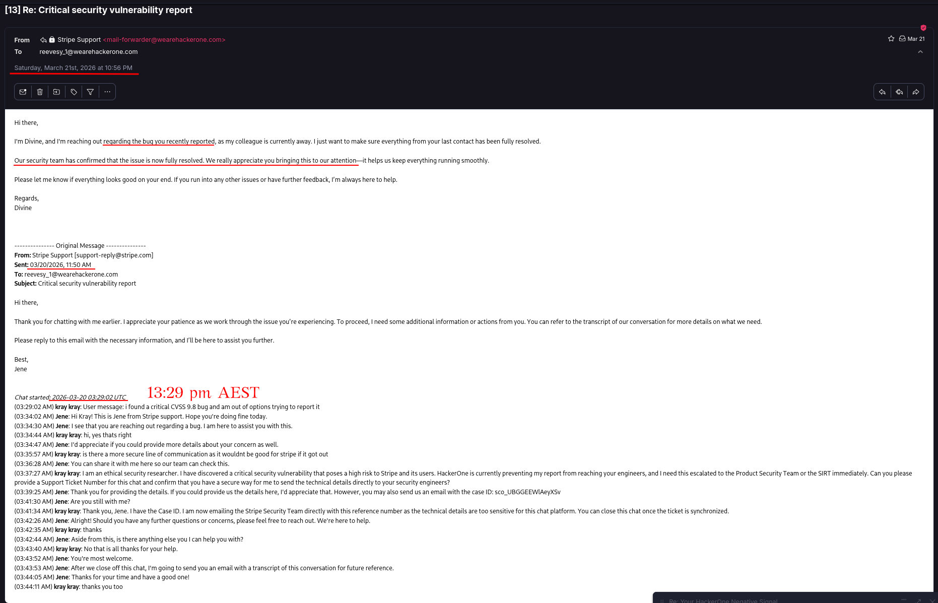 Stripe Support email from Divine confirming security issue fully resolved, with chat transcript from Jene establishing Case ID sco_UBGGEEWlAeyXSv
