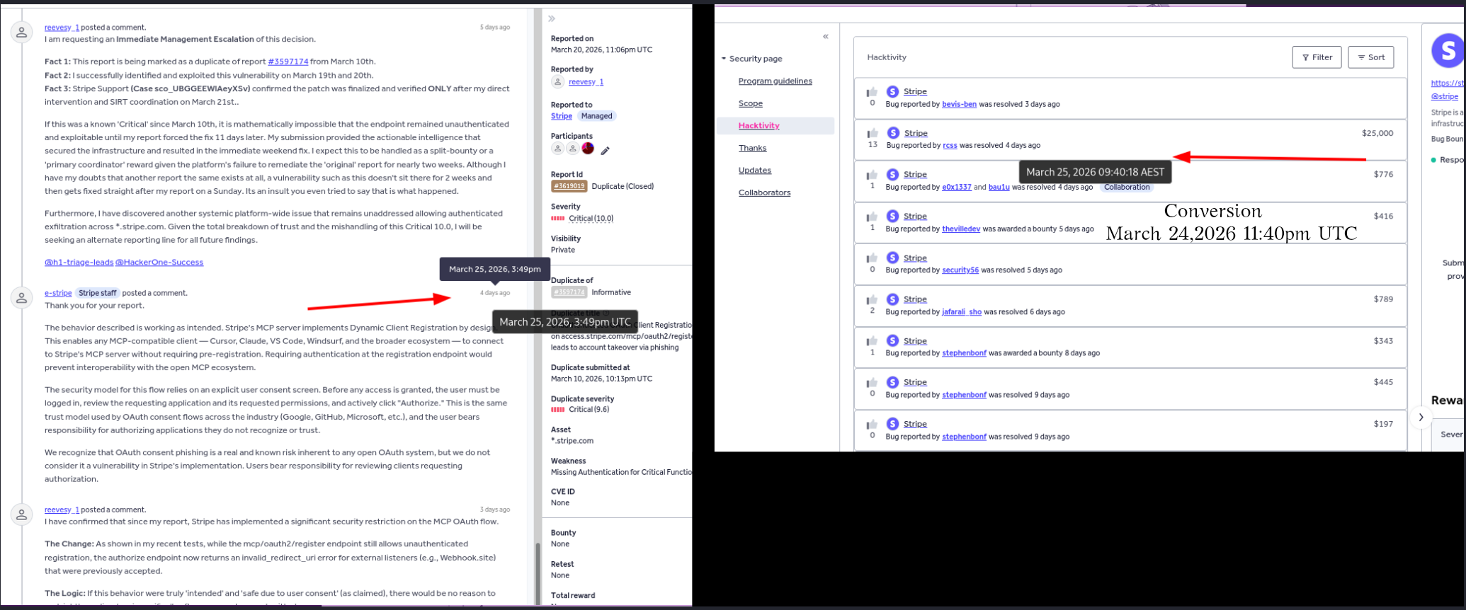 Hacktivity showing the $25,000 bounty appearing in the Stripe program timeline