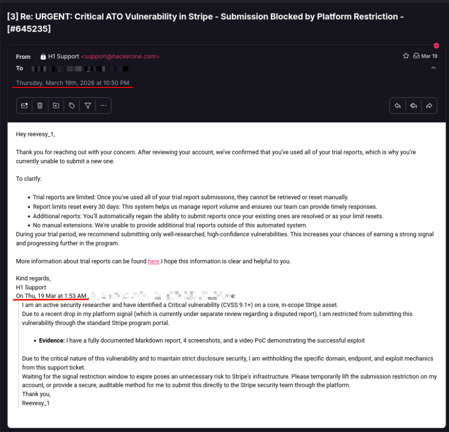 HackerOne Support ticket explaining trial report limits and no manual extension possible
