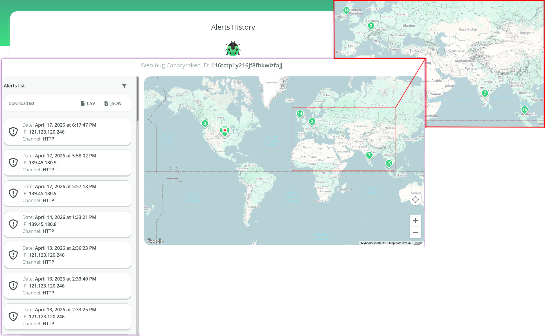 Canary token alerts showing 139.45.180.9 (Stripe AS5091) accessing the disclosure page on April 14 at 1:33 PM and April 17 at 5:57-5:58 PM, plus other global accesses