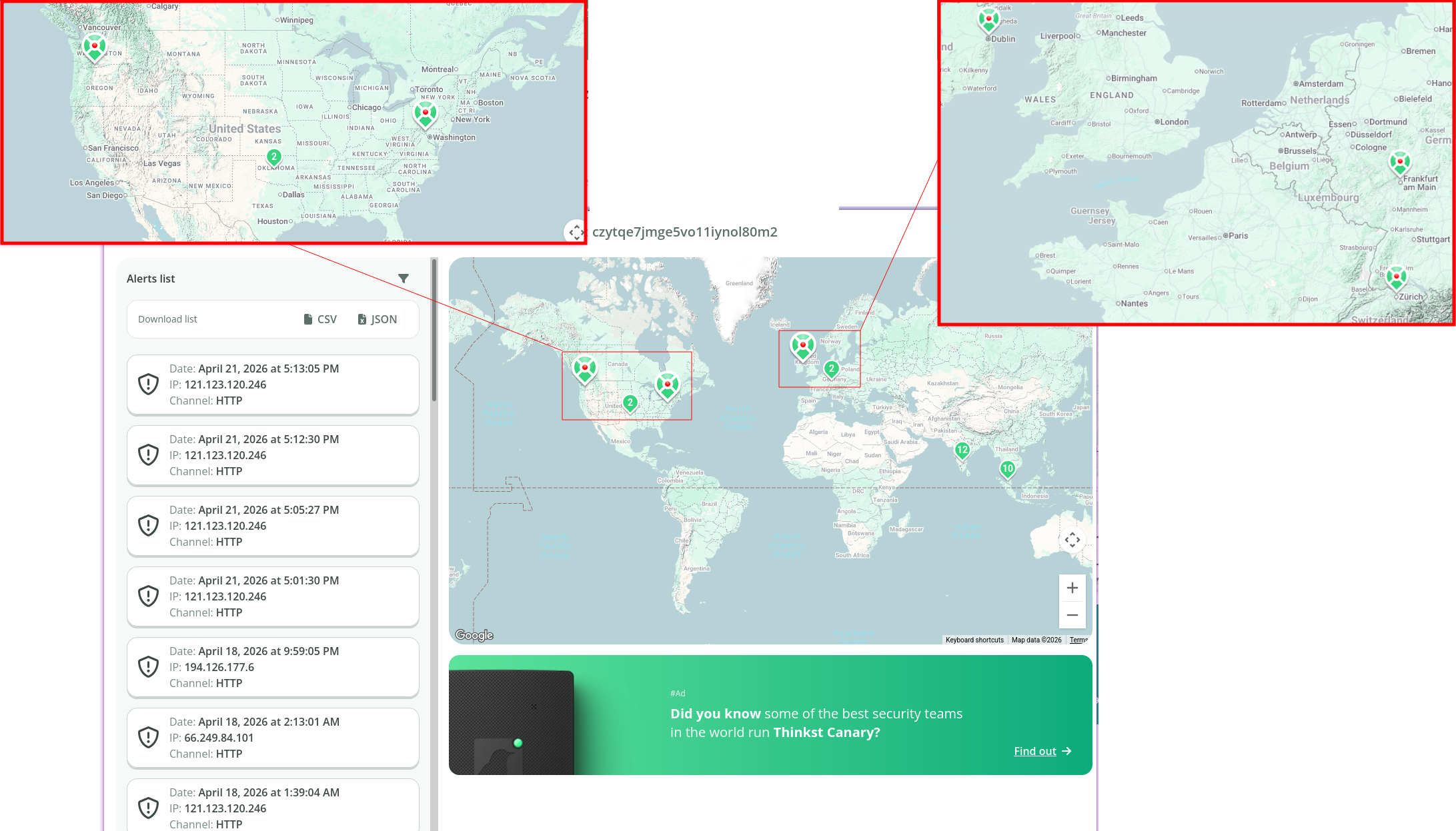 Second canary token showing access from 121.123.120.246 and 66.249.84.101 (Google) and 194.126.177.6
