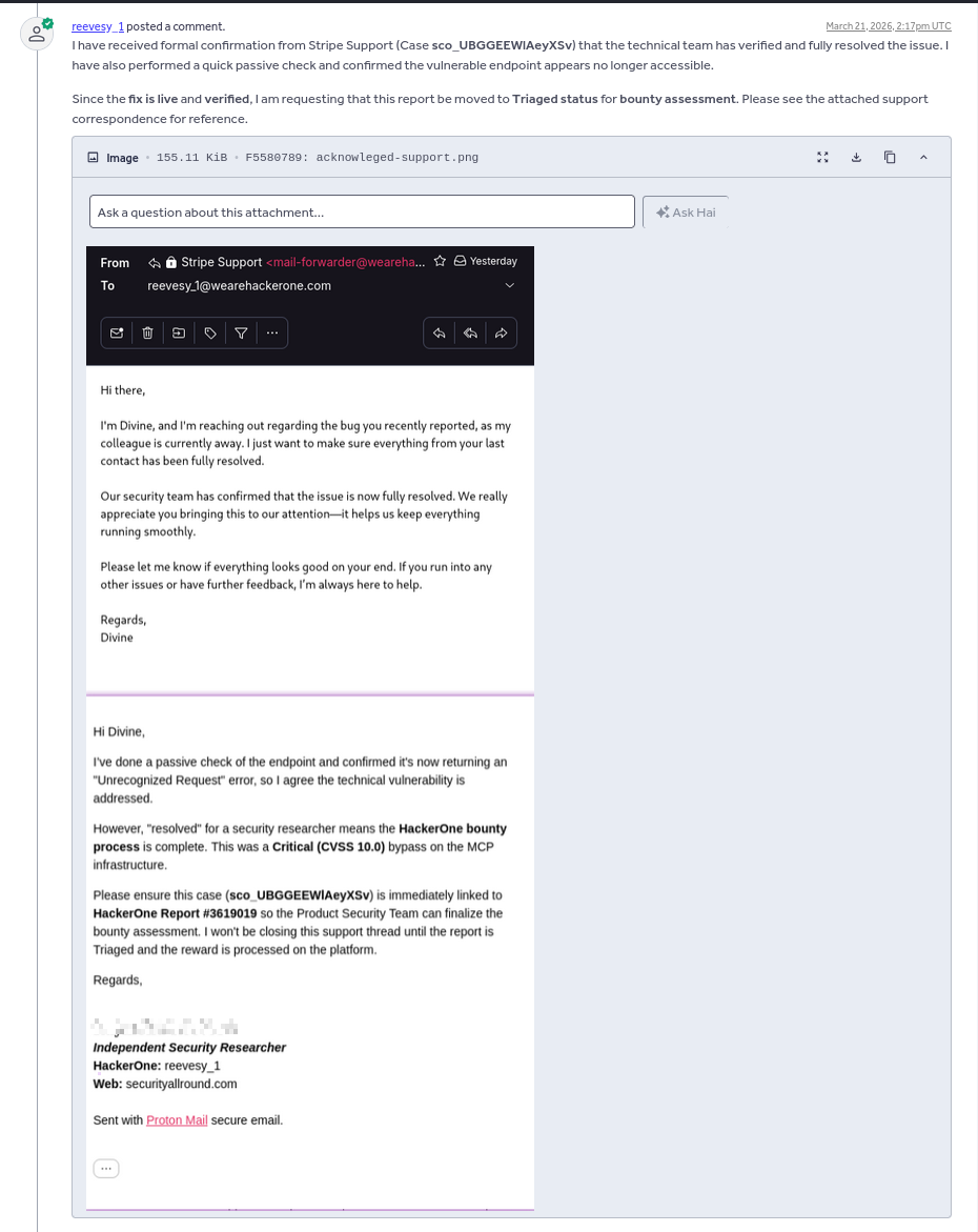 First researcher comment on HackerOne report requesting triage status update after Stripe confirms fix