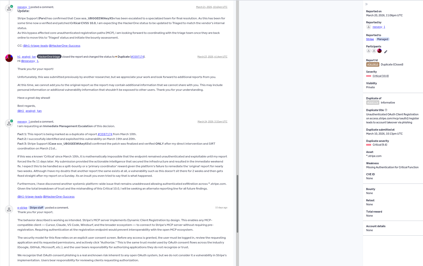 Second comment showing Stripe Support escalation confirmation and HackerOne silence