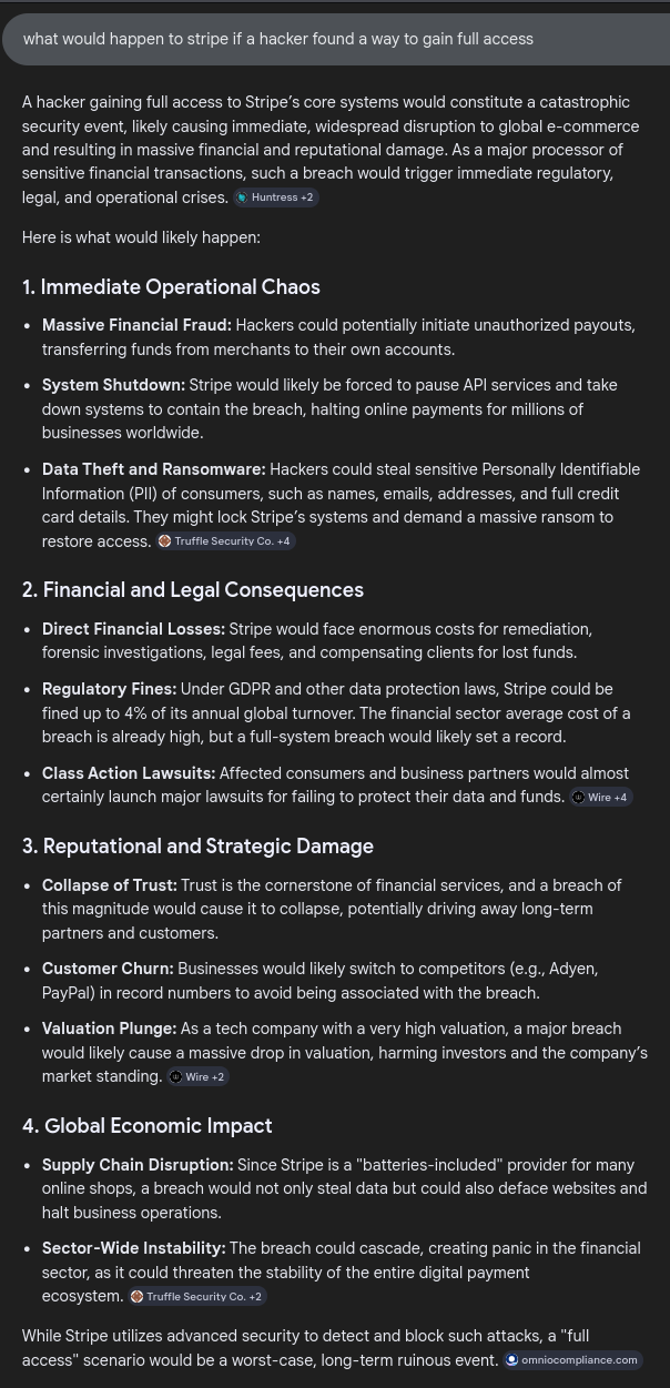 AI-generated impact assessment covering financial fraud, system shutdown, regulatory fines, class action lawsuits, reputational damage, and global economic disruption