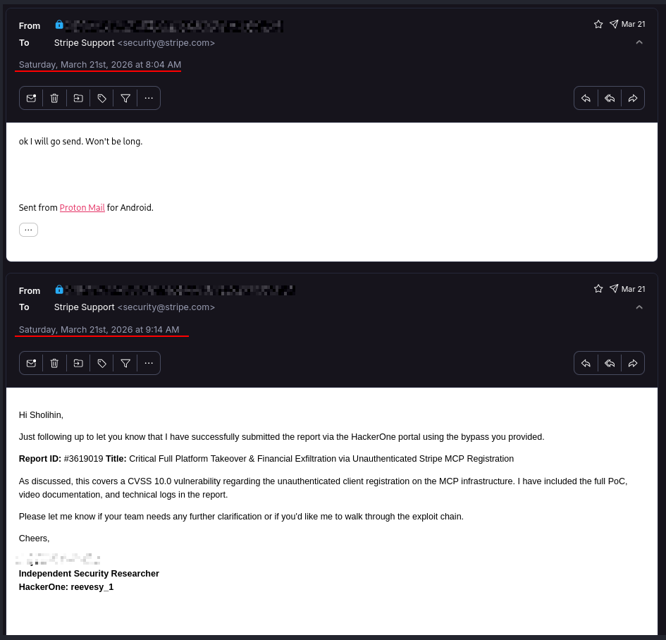 Researcher informing Stripe Support that the report has been successfully submitted following the bypass