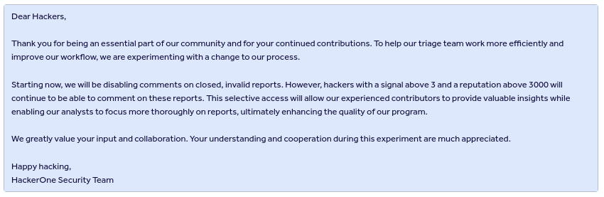HackerOne policy disabling comments for low reputation users
