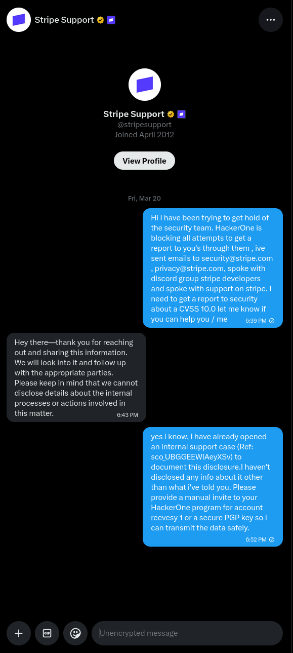 Researcher contacting Stripe Security on X after HackerOne blocked submission
