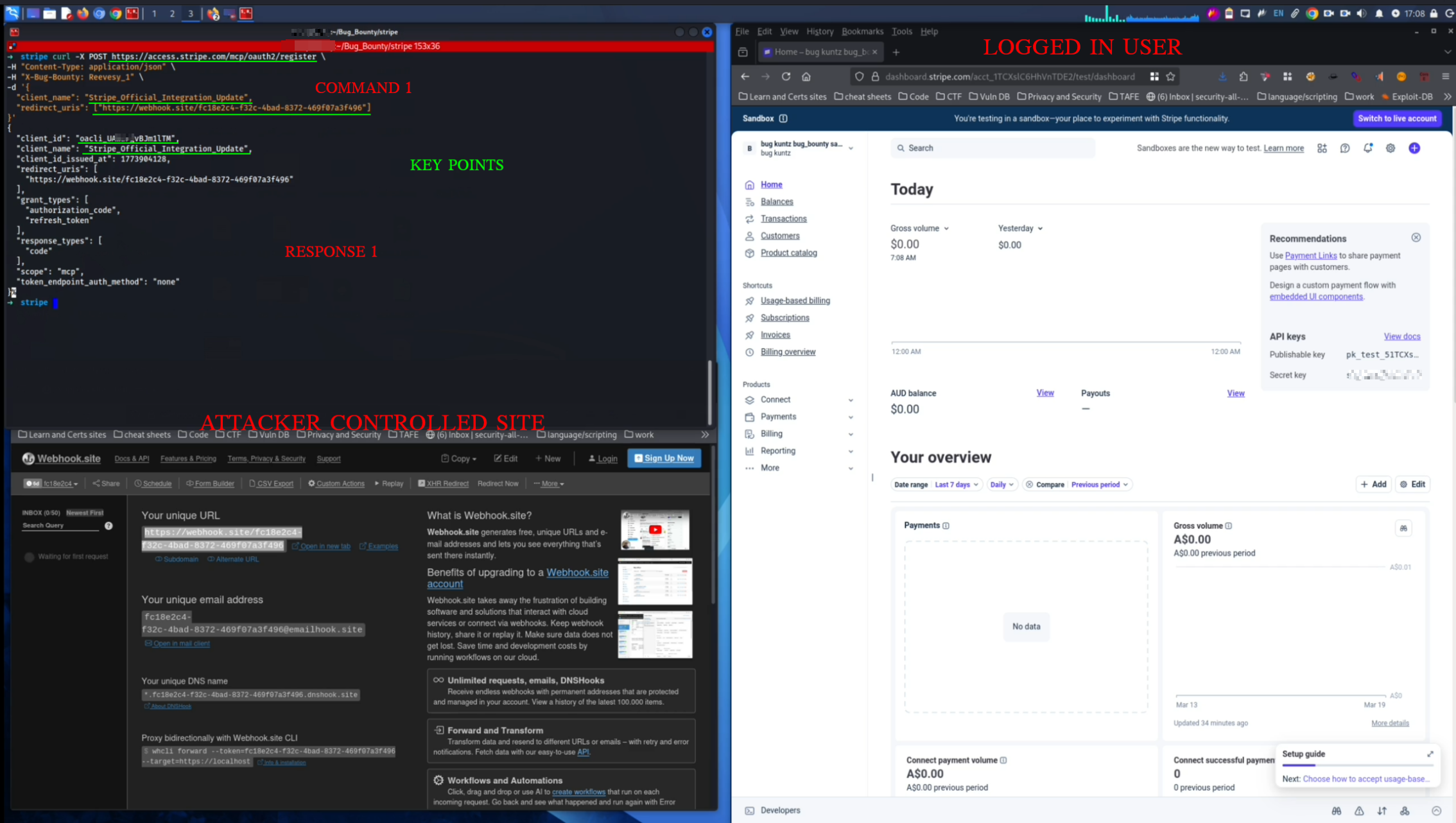 Terminal showing unauthenticated curl POST to access.stripe.com/mcp/oauth2/register with successful response showing client_id oacli_UAwaFgvBJm1lTM and scope: mcp