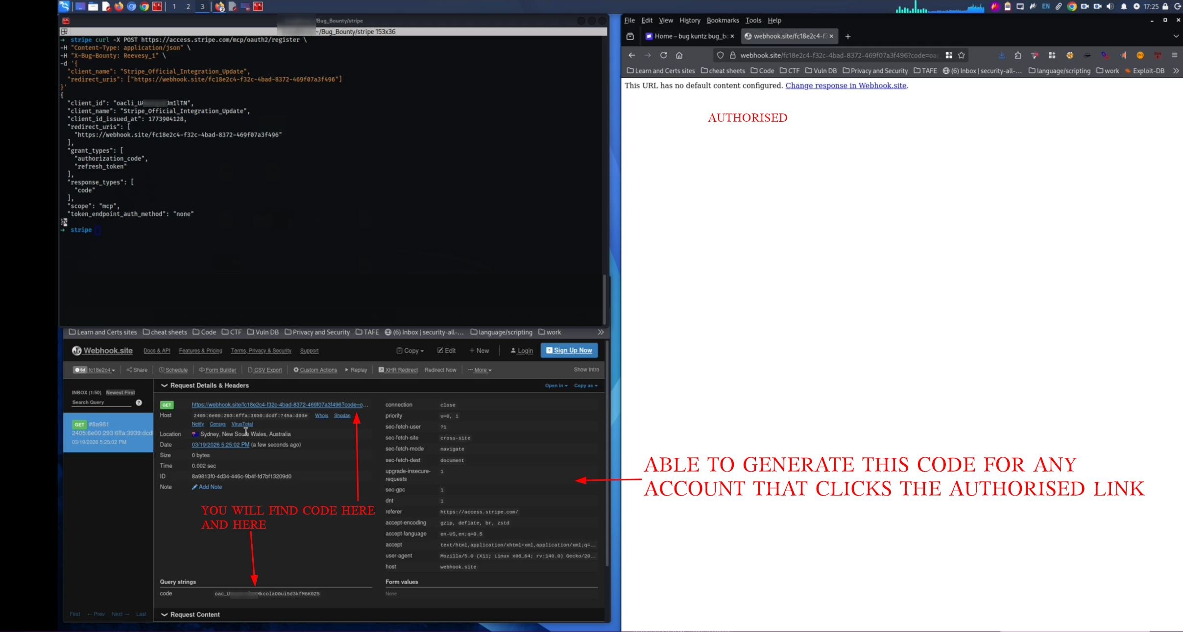 webhook.site showing received authorization code after merchant clicks Authorize — code visible in query strings panel