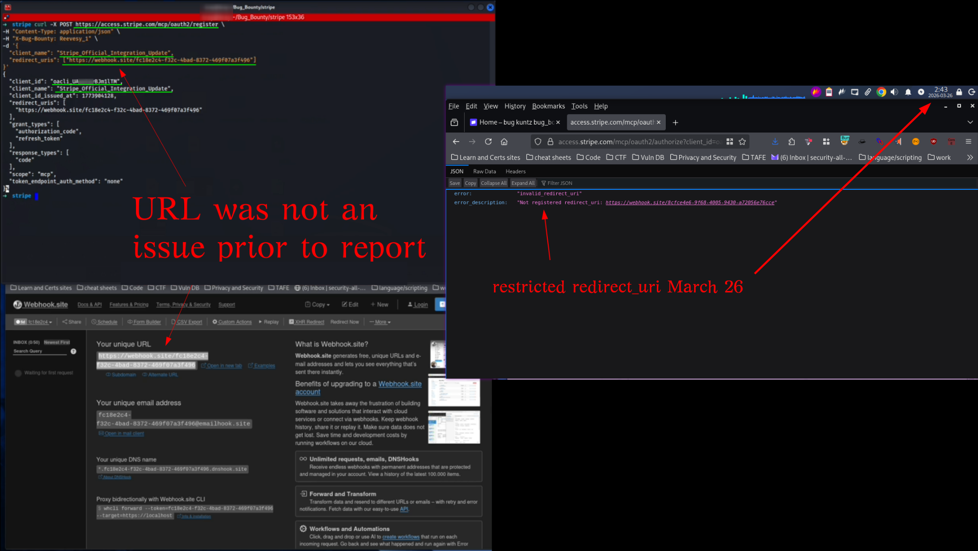 Side-by-side: left shows webhook.site URL working during PoC, right shows invalid_redirect_uri error on March 26