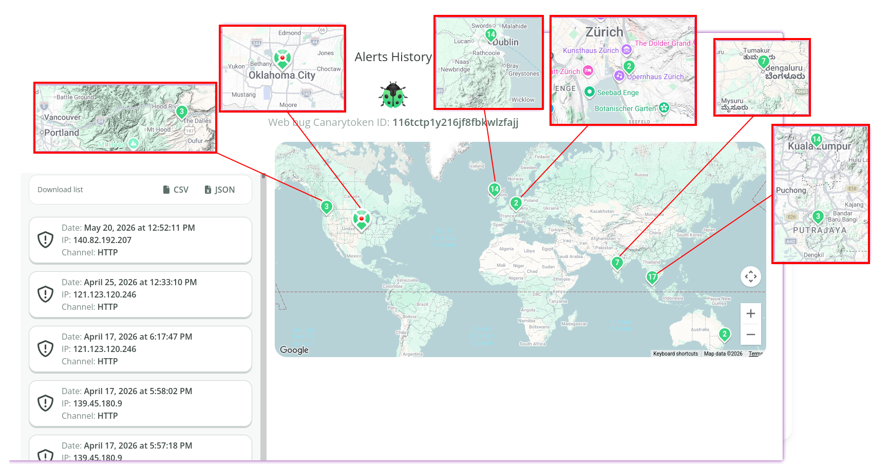 Canary token showing access on May 20 (mediation filing day) and May 19 (meta-report day)