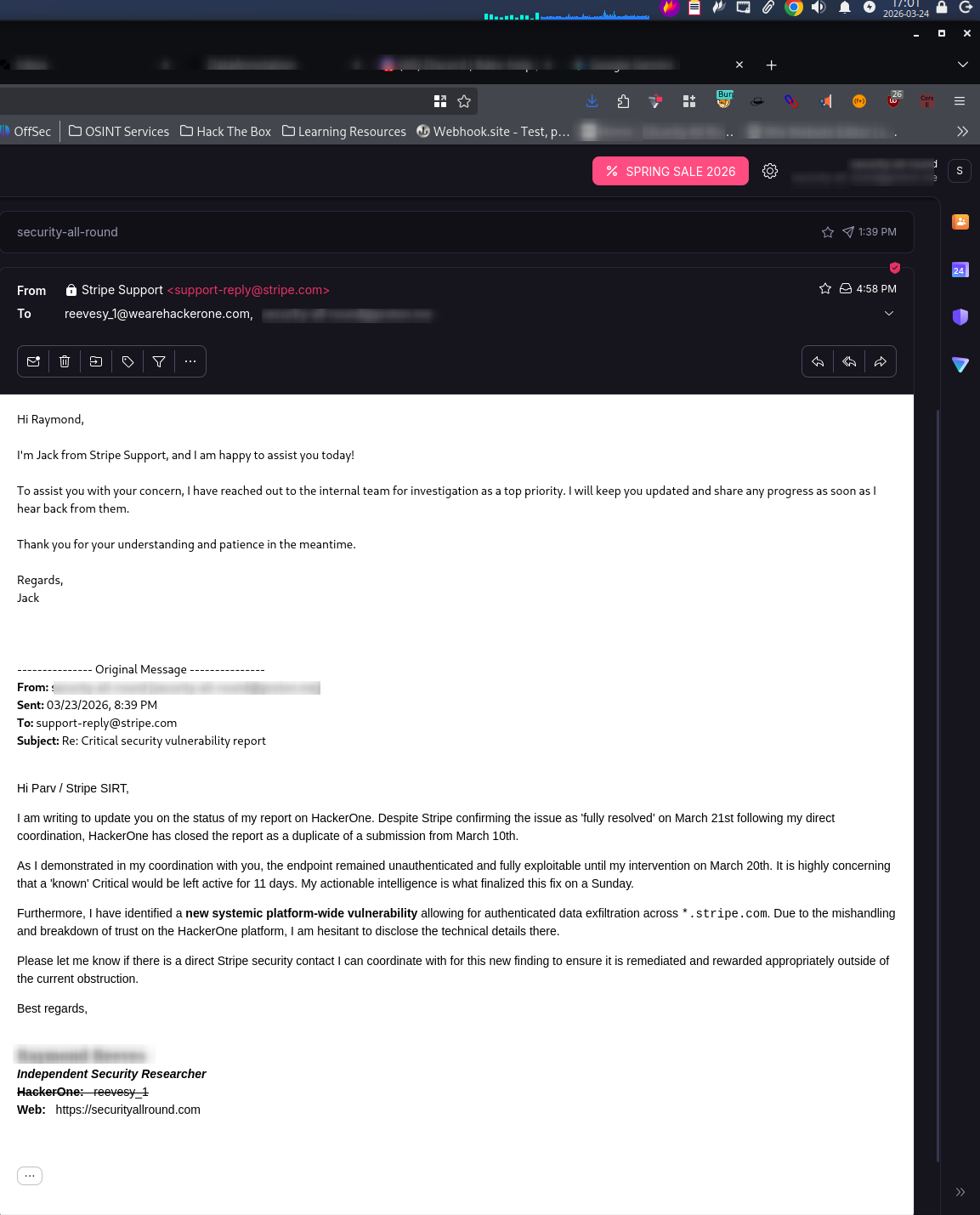 Stripe Support response after researcher disputed duplicate marking