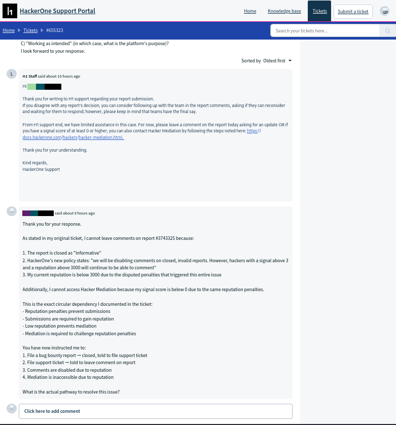 HackerOne support response directing back to report comments