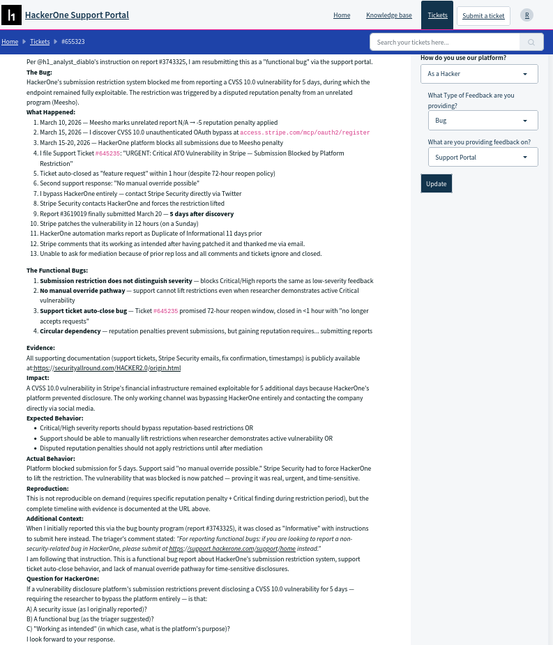 Support ticket that report comment told me to submit.
